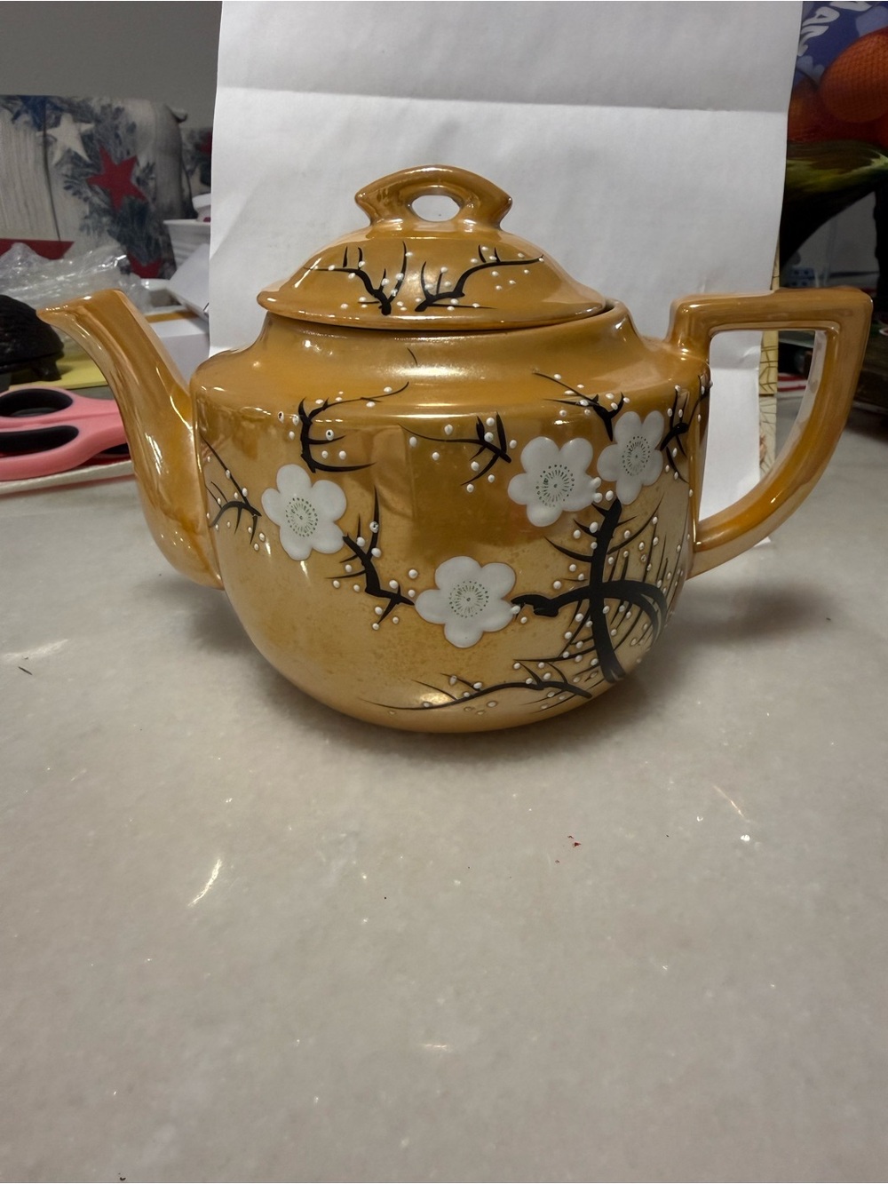 Vintage Tea Pot White Flowers Golden Japan 10 1950's Minimal Use Very Nice 6"